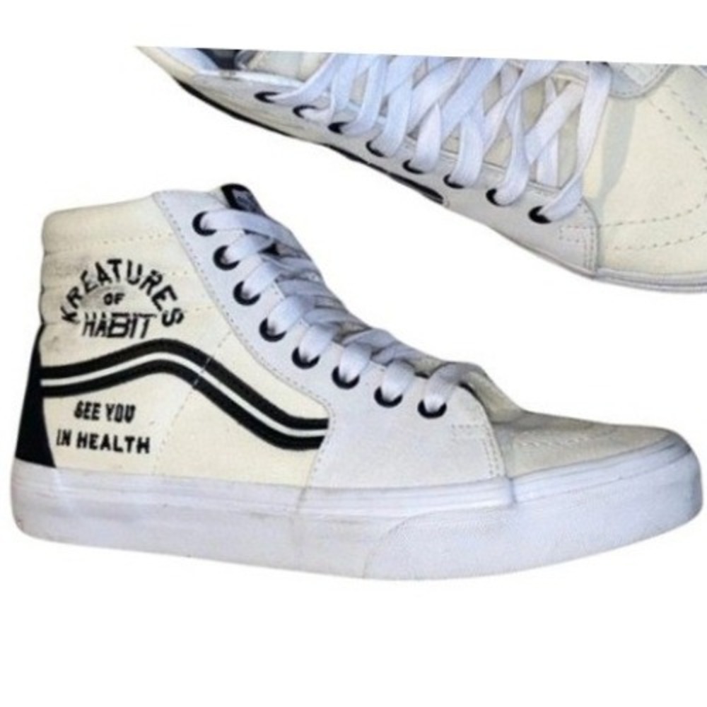 Vans Sk8-Hi Graphic Skate Shoes White Black Women 8.5‎ Sneakers